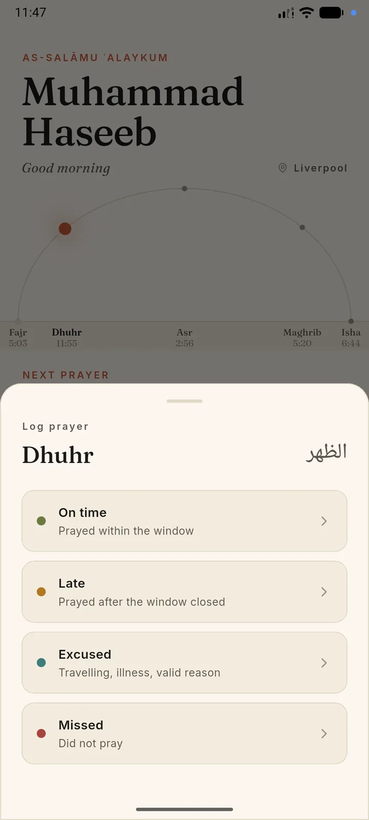SalahMate log prayer sheet with on time, late, excused, and missed options