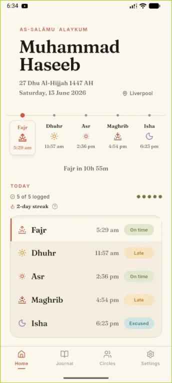 SalahMate home screen after setup with prayer times and today's summary