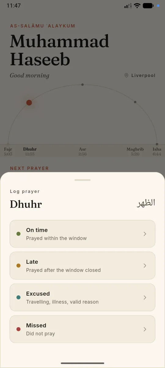 SalahMate log prayer sheet with on time, late, excused, and missed options