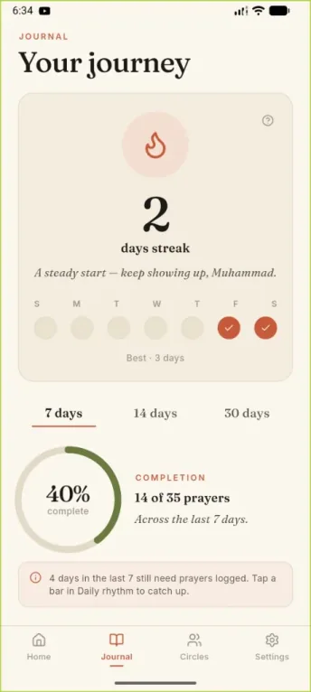 SalahMate journal journey card with streak and weekly check-ins