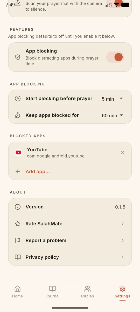 SalahMate settings for app blocking, blocked apps, and reminders